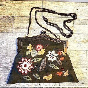 Vtg Silk Crossbody Purse Floral Beaded Heavily Embroidered Bronze Tone Chain